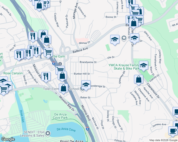 map of restaurants, bars, coffee shops, grocery stores, and more near 3638 Trenton Avenue in San Diego