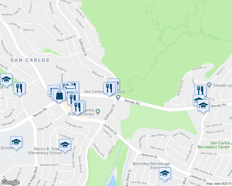map of restaurants, bars, coffee shops, grocery stores, and more near 7290 Navajo Road in San Diego