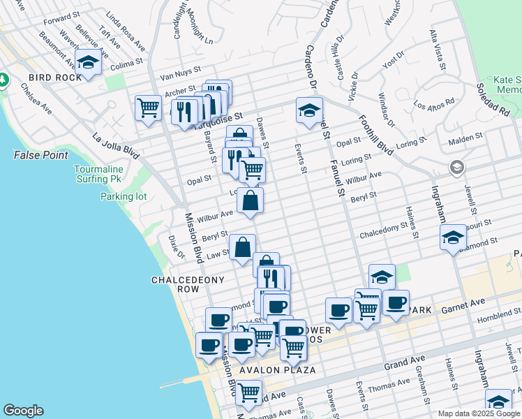 map of restaurants, bars, coffee shops, grocery stores, and more near 1025 Wilbur Avenue in San Diego