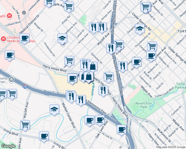 map of restaurants, bars, coffee shops, grocery stores, and more near 4232 Harry Hines Boulevard in Dallas