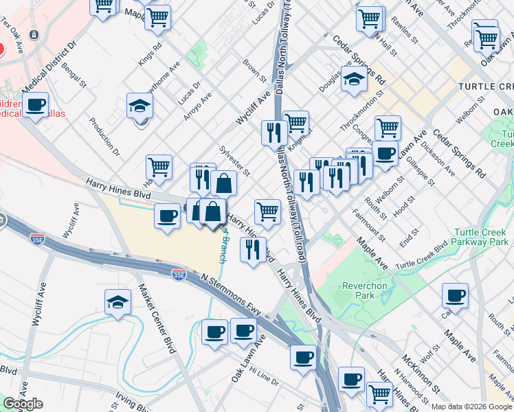 map of restaurants, bars, coffee shops, grocery stores, and more near 4107 Entrada Way in Dallas