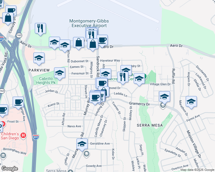 map of restaurants, bars, coffee shops, grocery stores, and more near 8848 Hammond Drive in San Diego