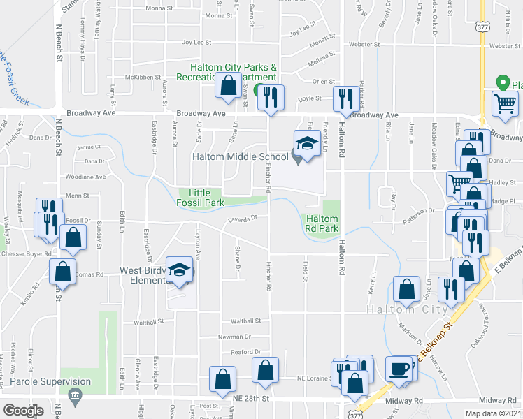 map of restaurants, bars, coffee shops, grocery stores, and more near 4749 Laverda Drive in Haltom City