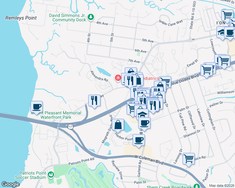 map of restaurants, bars, coffee shops, grocery stores, and more near 278 Alexandra Drive in Mount Pleasant