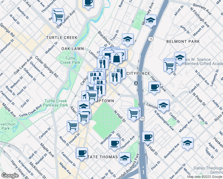 map of restaurants, bars, coffee shops, grocery stores, and more near 3411 Oak Grove Avenue in Dallas
