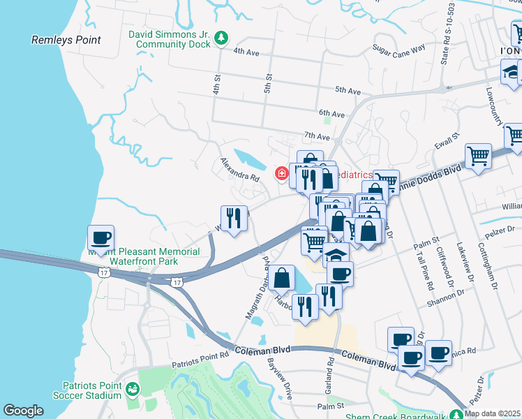 map of restaurants, bars, coffee shops, grocery stores, and more near 300 Wingo Way in Mount Pleasant
