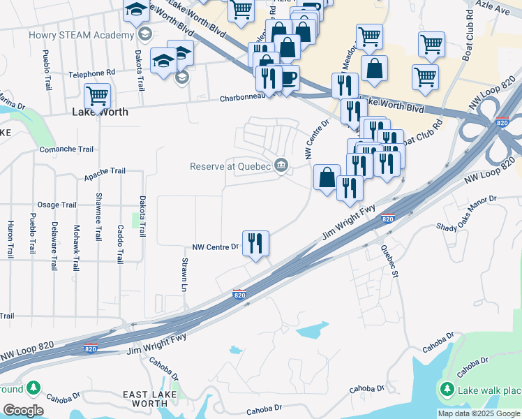 map of restaurants, bars, coffee shops, grocery stores, and more near 3101 Northwest Centre Drive in Fort Worth