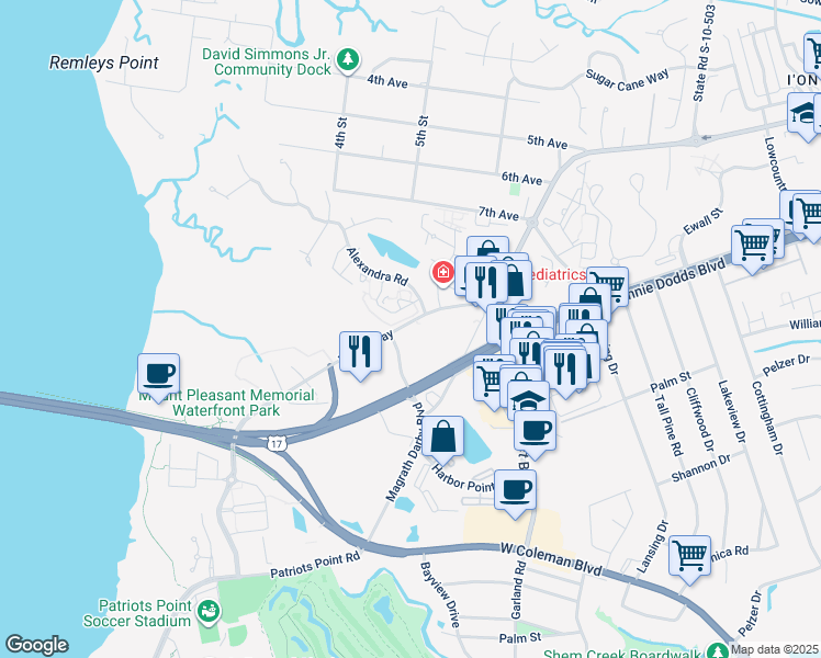 map of restaurants, bars, coffee shops, grocery stores, and more near 300 Wingo Way in Mount Pleasant