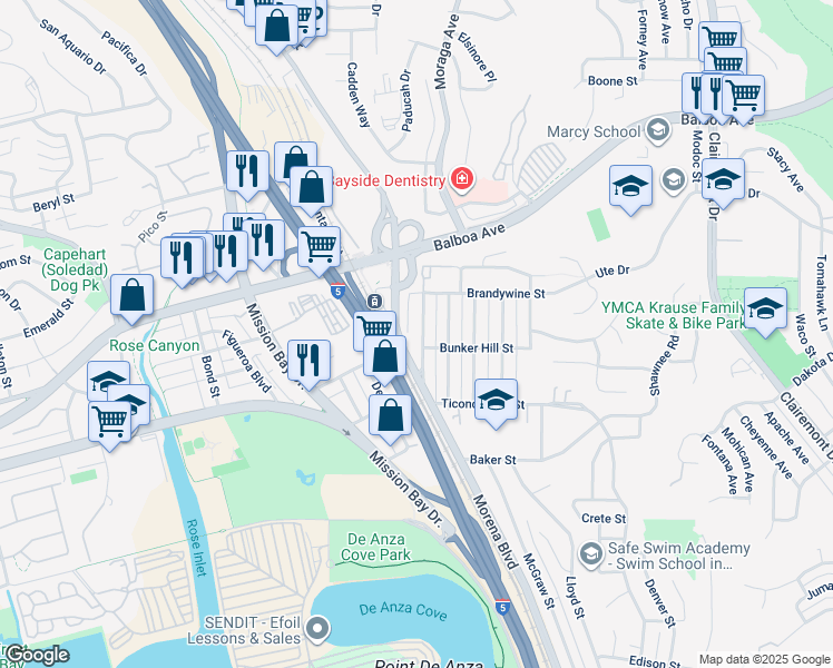 map of restaurants, bars, coffee shops, grocery stores, and more near 3620 Paul Jones Avenue in San Diego