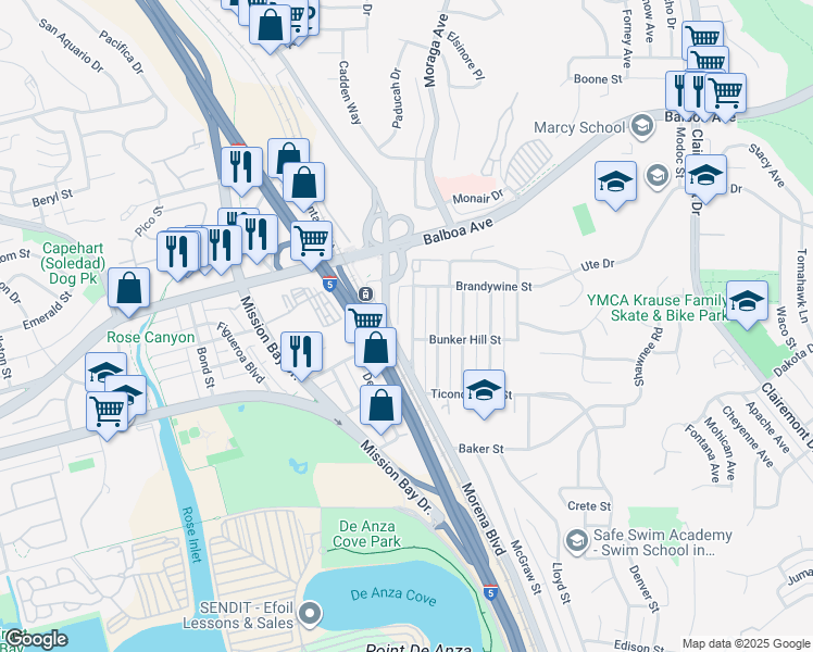 map of restaurants, bars, coffee shops, grocery stores, and more near 3636 Paul Jones Avenue in San Diego