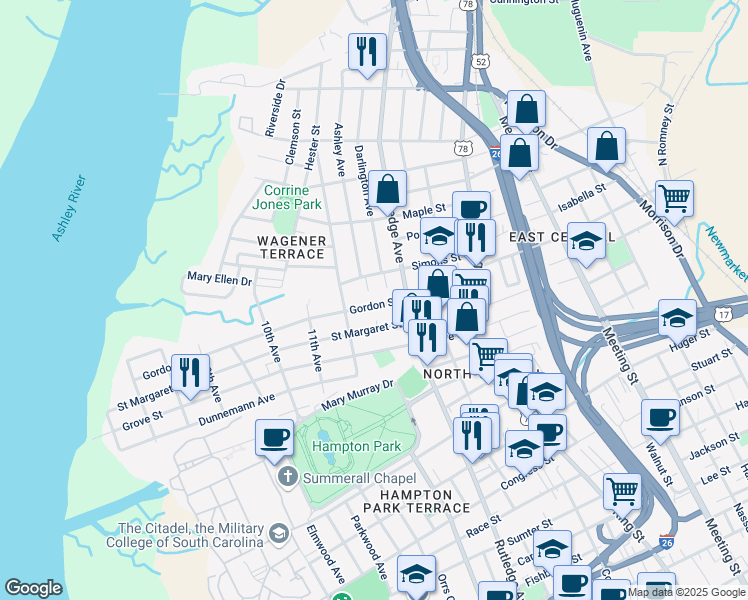 map of restaurants, bars, coffee shops, grocery stores, and more near 139 Simons Street in Charleston