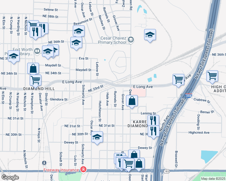 map of restaurants, bars, coffee shops, grocery stores, and more near 1900 Diamond Road in Fort Worth