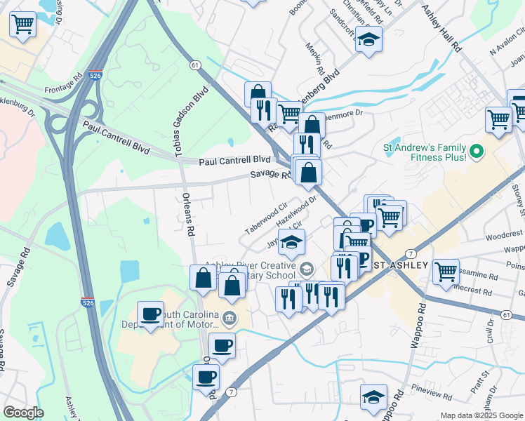 map of restaurants, bars, coffee shops, grocery stores, and more near 1860 Taberwood Circle in Charleston