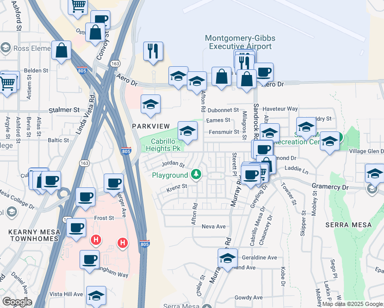 map of restaurants, bars, coffee shops, grocery stores, and more near 8415 Hurlbut Street in San Diego