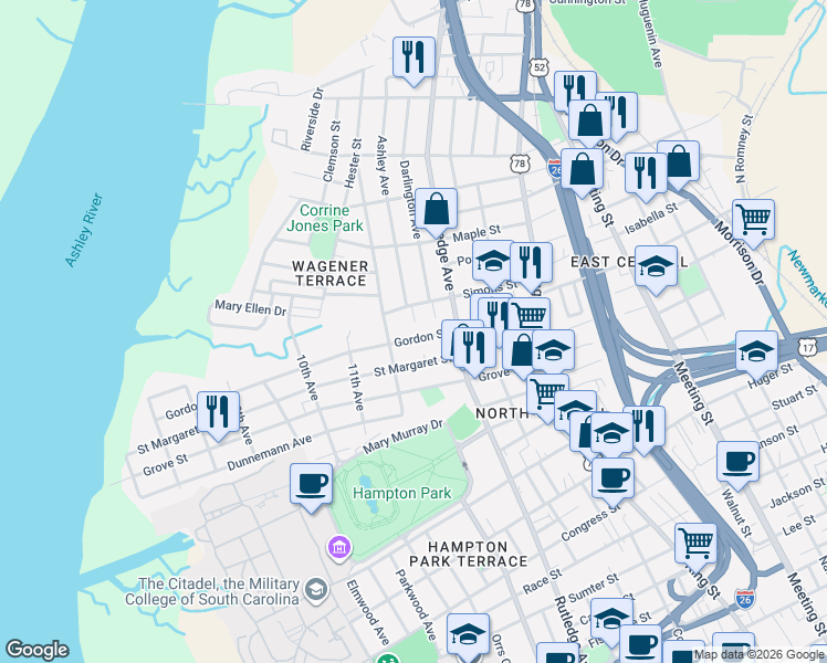 map of restaurants, bars, coffee shops, grocery stores, and more near 139 Simons Street in Charleston