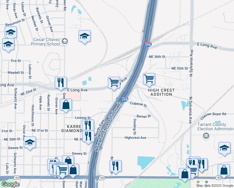 map of restaurants, bars, coffee shops, grocery stores, and more near 3271 U.S. 287 in Fort Worth