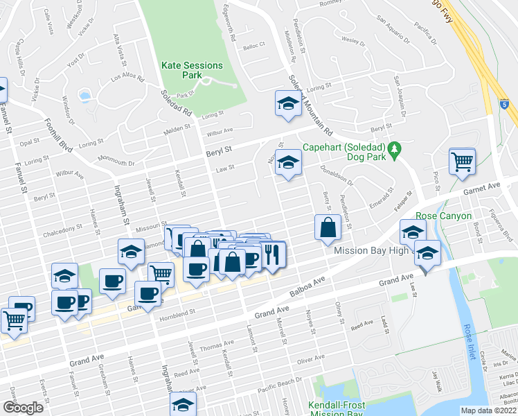 map of restaurants, bars, coffee shops, grocery stores, and more near 4756 Academy Place in San Diego