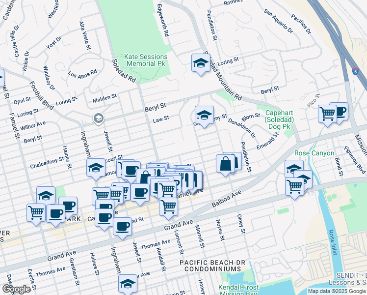 map of restaurants, bars, coffee shops, grocery stores, and more near in San Diego