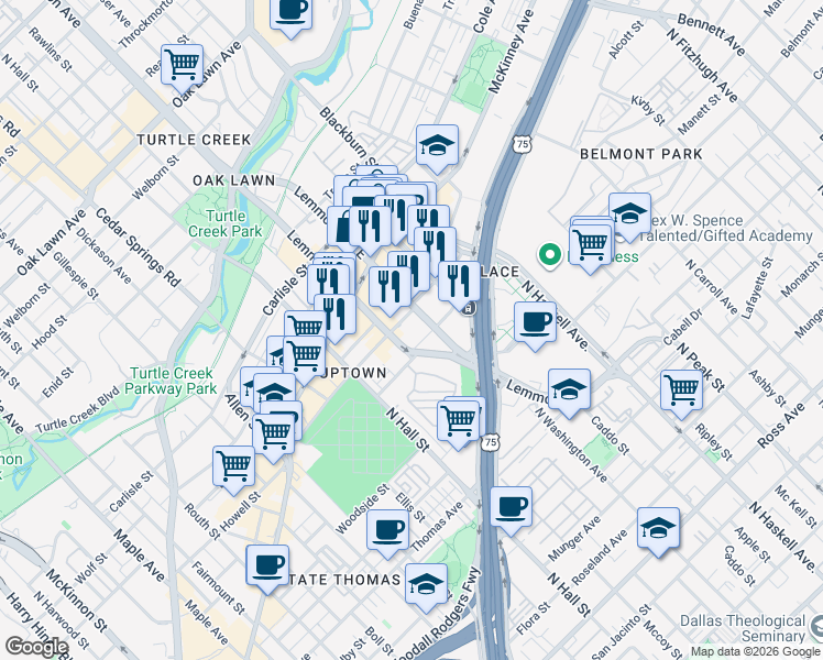 map of restaurants, bars, coffee shops, grocery stores, and more near 2828 Lemmon Avenue East in Dallas