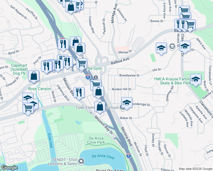 map of restaurants, bars, coffee shops, grocery stores, and more near 3620 Paul Jones Avenue in San Diego