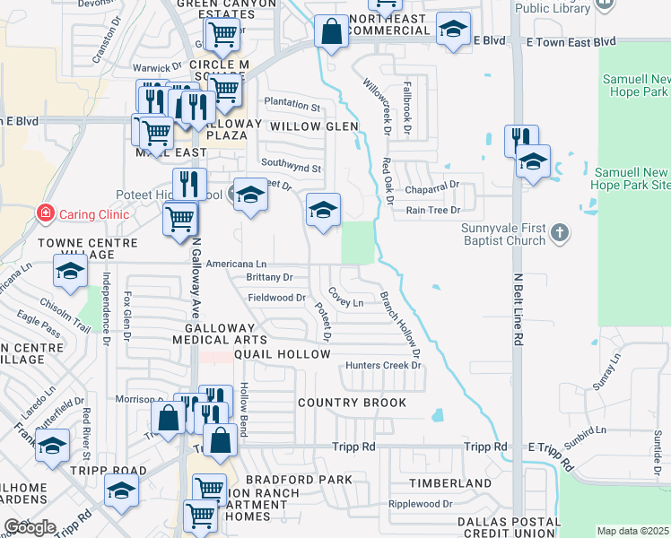 map of restaurants, bars, coffee shops, grocery stores, and more near 539 Covey Lane in Mesquite