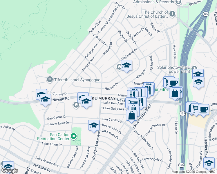 map of restaurants, bars, coffee shops, grocery stores, and more near 8374 Hudson Drive in San Diego