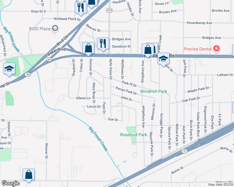 map of restaurants, bars, coffee shops, grocery stores, and more near 6713 John Drive in Richland Hills