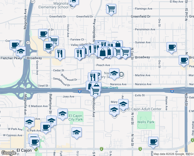 map of restaurants, bars, coffee shops, grocery stores, and more near 779 North Mollison Avenue in El Cajon