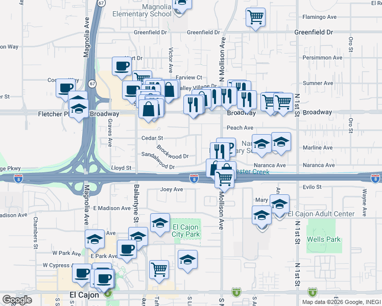 map of restaurants, bars, coffee shops, grocery stores, and more near 752 Applewood Drive in El Cajon