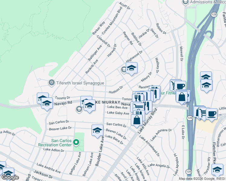 map of restaurants, bars, coffee shops, grocery stores, and more near 8374 Hudson Drive in San Diego