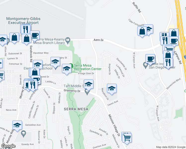 map of restaurants, bars, coffee shops, grocery stores, and more near in San Diego