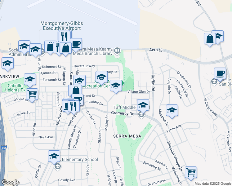 map of restaurants, bars, coffee shops, grocery stores, and more near 3365 Village Glen Drive in San Diego