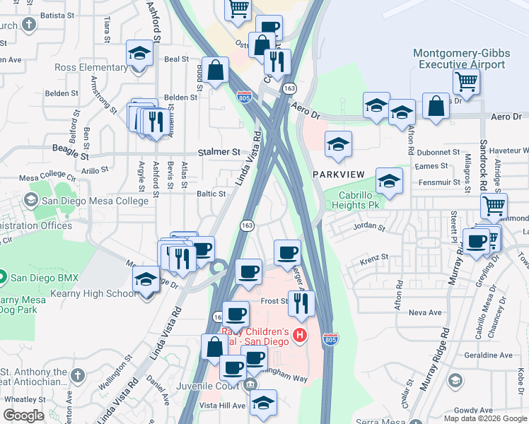 map of restaurants, bars, coffee shops, grocery stores, and more near 8022 Donzee Street in San Diego