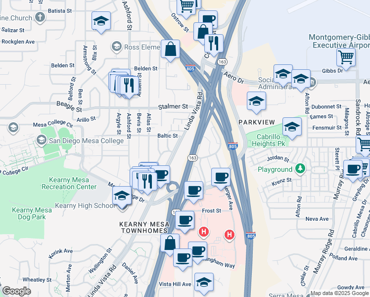map of restaurants, bars, coffee shops, grocery stores, and more near 7833 Linda Vista Road in San Diego