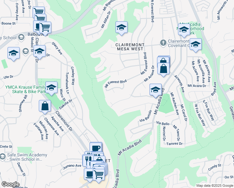 map of restaurants, bars, coffee shops, grocery stores, and more near 3410 Mount Armour Court in San Diego
