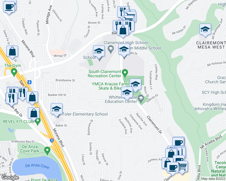 map of restaurants, bars, coffee shops, grocery stores, and more near 3559 Shawnee Road in San Diego