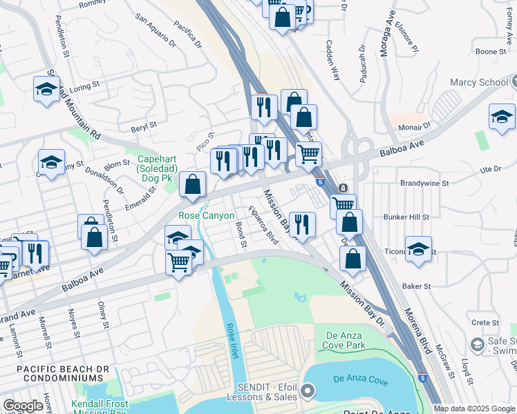 map of restaurants, bars, coffee shops, grocery stores, and more near 4620 Mission Bay Drive in San Diego