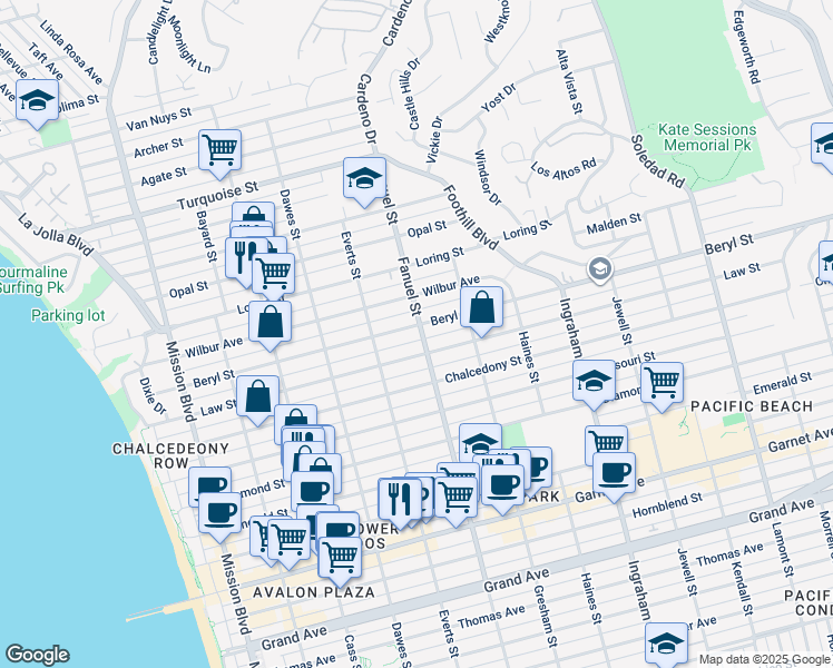 map of restaurants, bars, coffee shops, grocery stores, and more near 1256 Beryl Street in San Diego