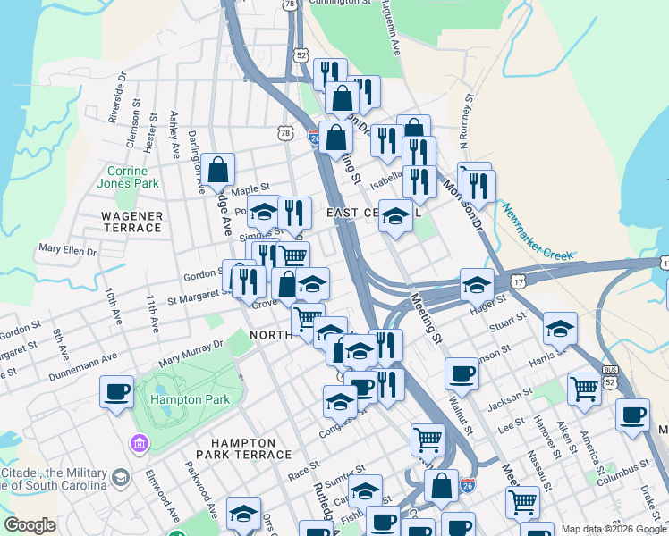 map of restaurants, bars, coffee shops, grocery stores, and more near 27 Poinsett Street in Charleston