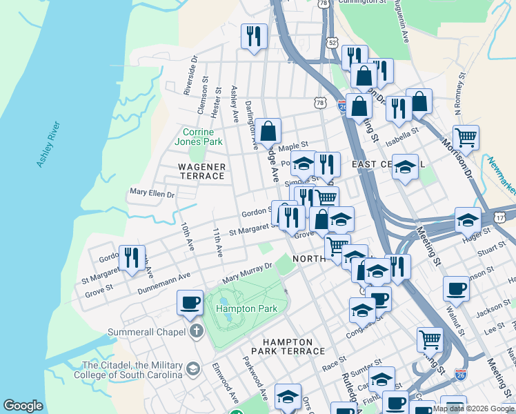 map of restaurants, bars, coffee shops, grocery stores, and more near 139 Simons Street in Charleston
