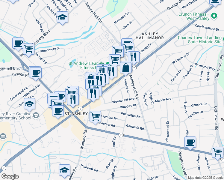 map of restaurants, bars, coffee shops, grocery stores, and more near 1623A Memminger Avenue in Charleston