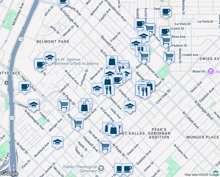 map of restaurants, bars, coffee shops, grocery stores, and more near in Dallas