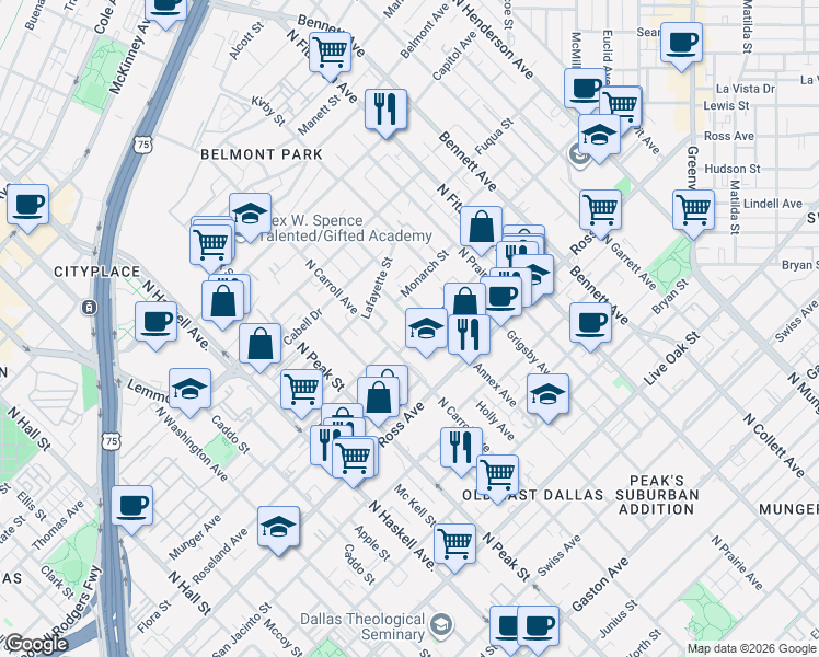 map of restaurants, bars, coffee shops, grocery stores, and more near 1917 California Drive in Dallas