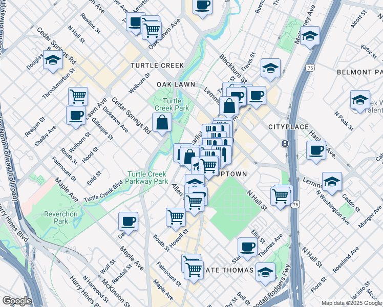map of restaurants, bars, coffee shops, grocery stores, and more near in Dallas