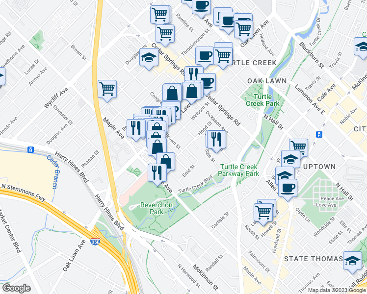 map of restaurants, bars, coffee shops, grocery stores, and more near 2711 Hood Street in Dallas