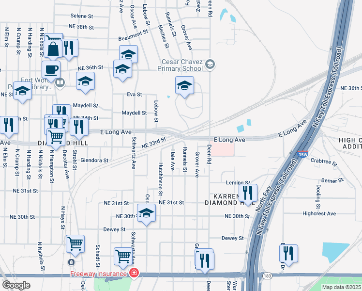 map of restaurants, bars, coffee shops, grocery stores, and more near 1900 Diamond Road in Fort Worth