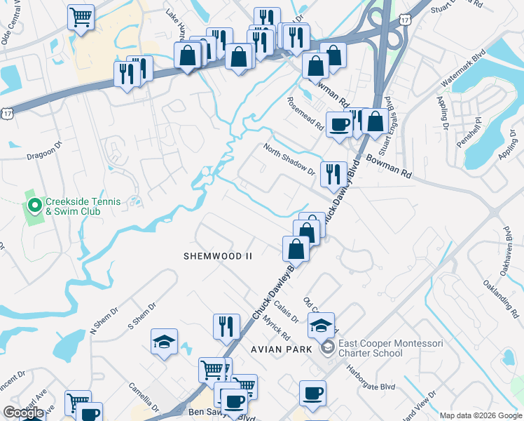 map of restaurants, bars, coffee shops, grocery stores, and more near 1150 Pleasant Pines Street in Mount Pleasant