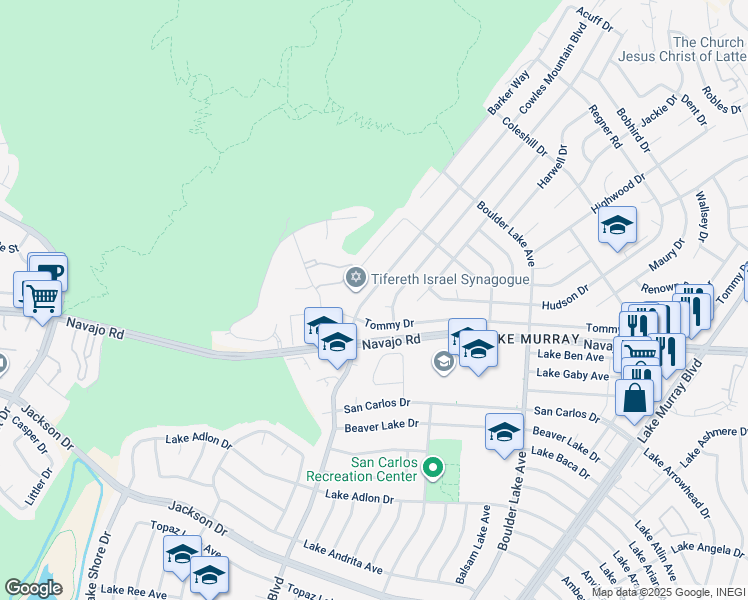 map of restaurants, bars, coffee shops, grocery stores, and more near 6677 Cowles Mountain Boulevard in San Diego