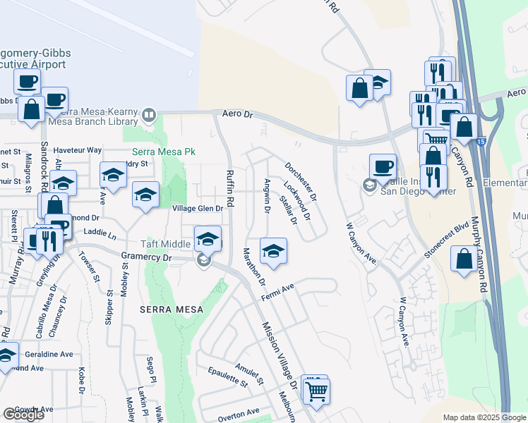 map of restaurants, bars, coffee shops, grocery stores, and more near 3450 Angwin Drive in San Diego