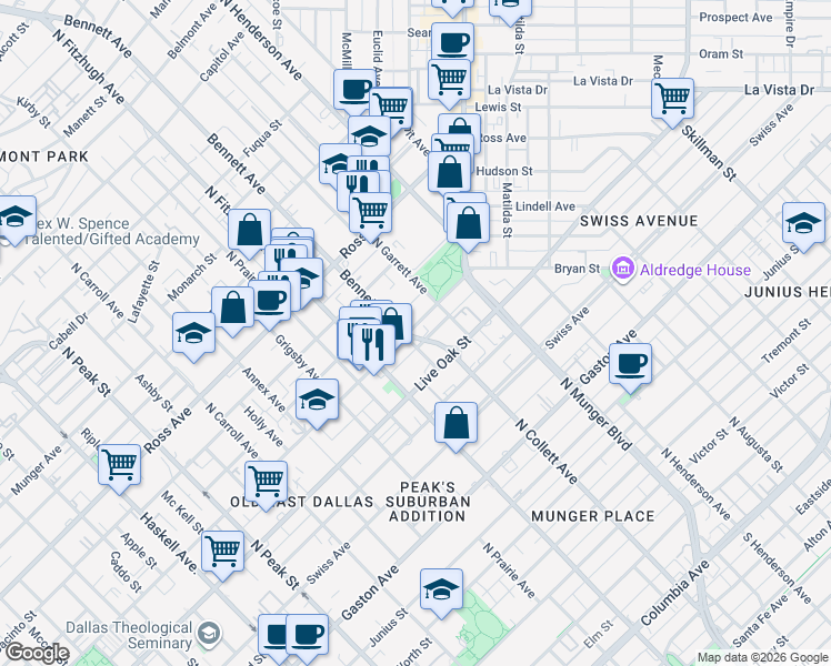 map of restaurants, bars, coffee shops, grocery stores, and more near 1400 Bennett Avenue in Dallas